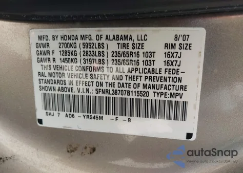 2007 Honda Odyssey Ex-L из США, поврежденный, VIN 5FNRL38707B115520